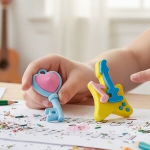 (Lot Of 2) 3D Puzzle 1" Miniature Multi-Color Erasers Figural Guitar/ Key Themed